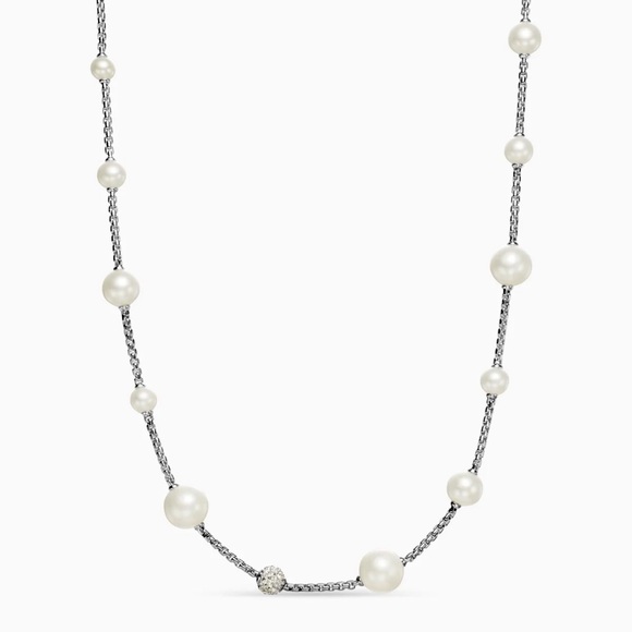 David Yurman Silver Pearl and Pavé Station Necklace - Picture 2 of 5